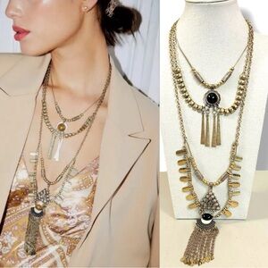 Free People Bring It Home Layered Necklace Gold Black Statement Bohemian Witchy